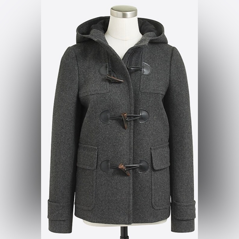 J. Crew Toggle Hooded Wool Grey Coat Duffle Jacket with Zipper Size 0